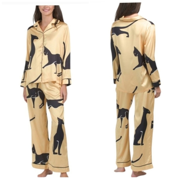 🔹️DALIA MACPHEE🔹️ BLACK/GOLD Satin Sphinx Pajama Set - Picture 1 of 4
